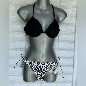 NWT 2 pc triangle bikini size Small, black top multi color bottom.